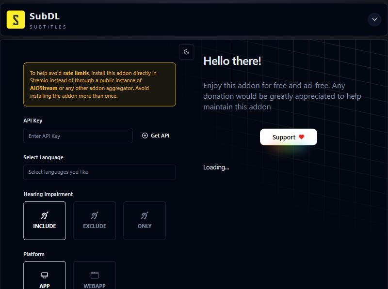 صفحة إعداد SubDL وفيها خانة API Key وزر Get API