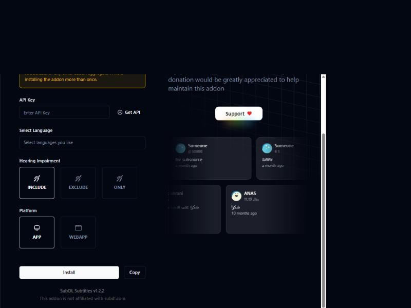 أسفل صفحة الإعداد: زر Install وزر Copy