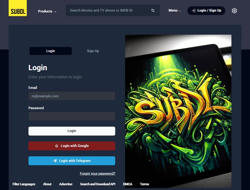 صفحة الدخول والتسجيل في موقع SubDL