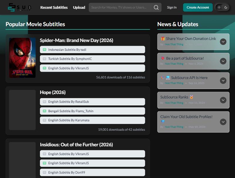 موقع SubSource وزر Create Account أعلى الصفحة