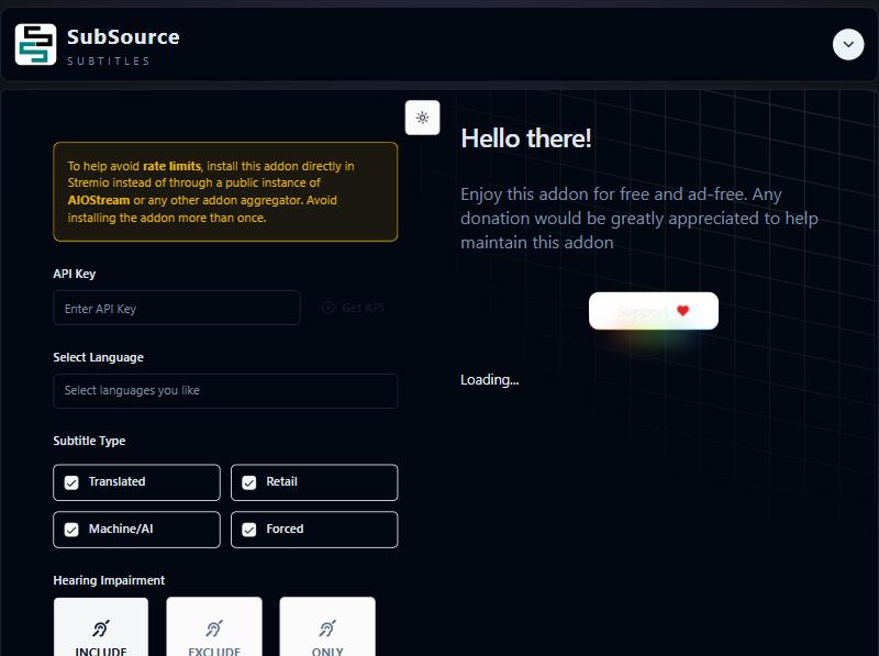 صفحة إعداد SubSource مع خيارات Subtitle Type