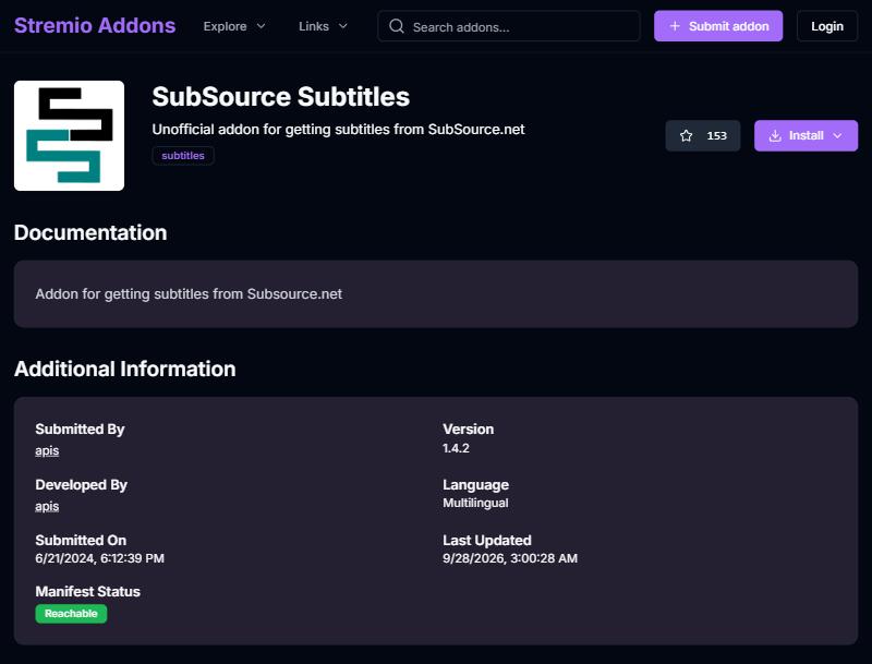 صفحة إضافة SubSource Subtitles وزر Install